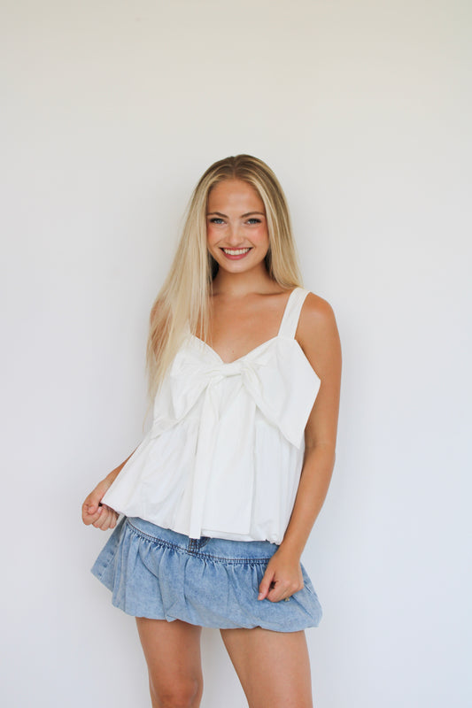 White Bubble Bow Top