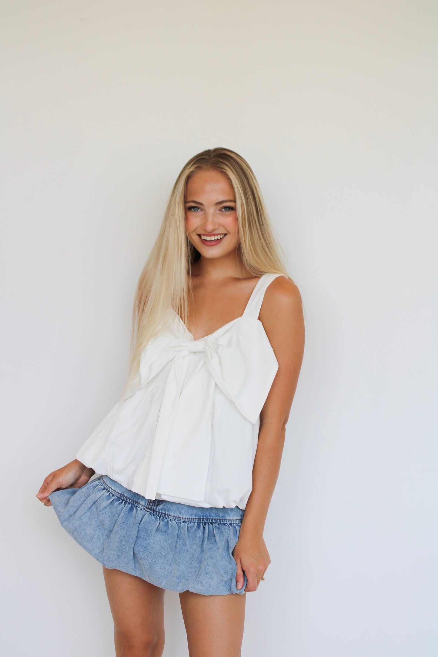 White Bubble Bow Top